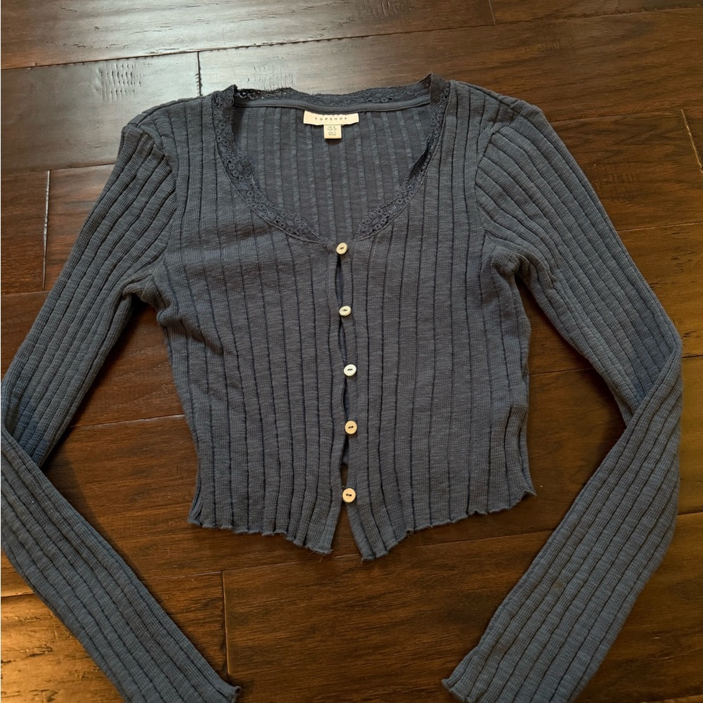 Nordstrom Navy Ribbed Lace-Trim Button-Front Cardigan